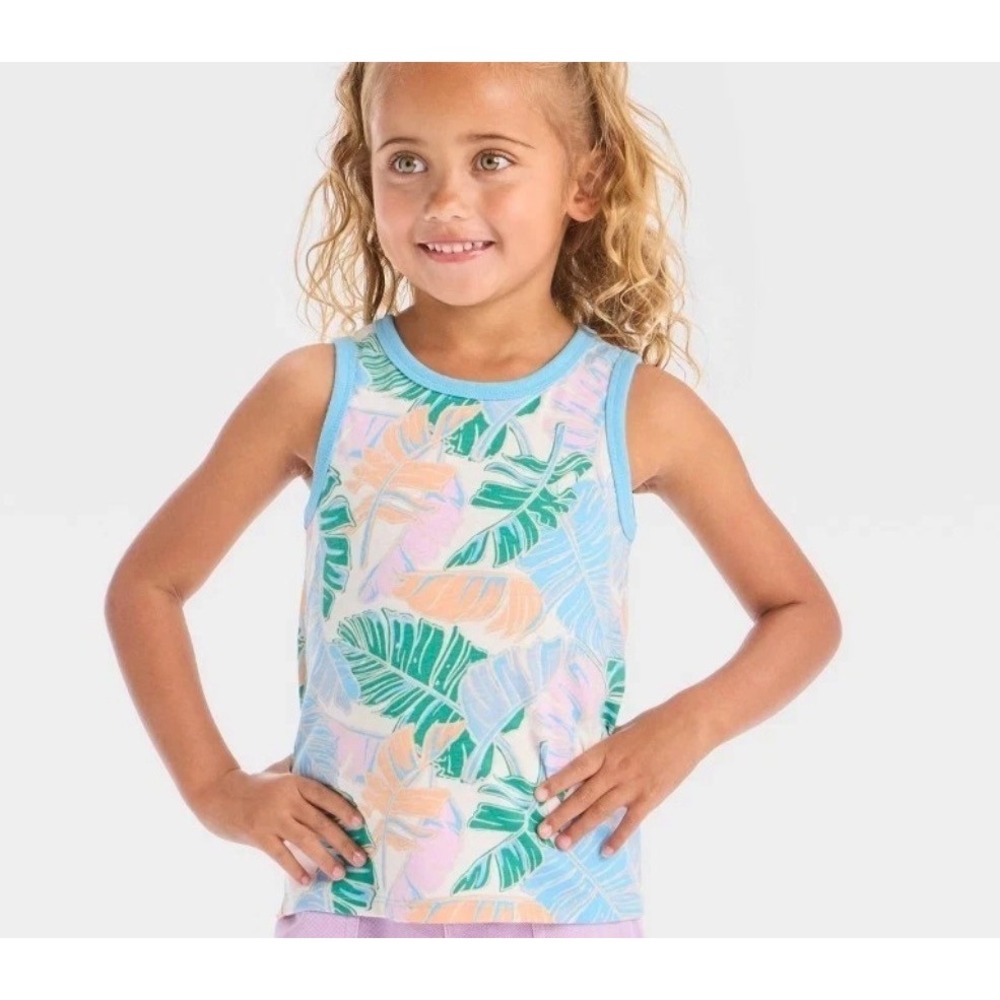 Cat & Jack Girls 3T Tropical Palm Leaf Tank Top and‎ White Bike Shorts Set NEW - Picture 2 of 8
